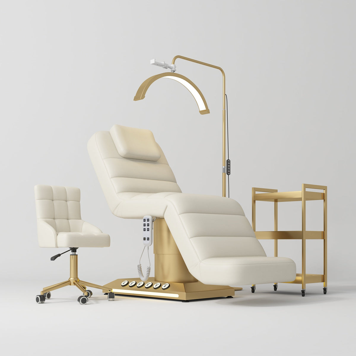 complete salon setup with electric bed and lighting
