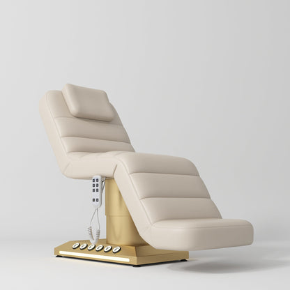 Beige massage chair with gold base on a light gray background
