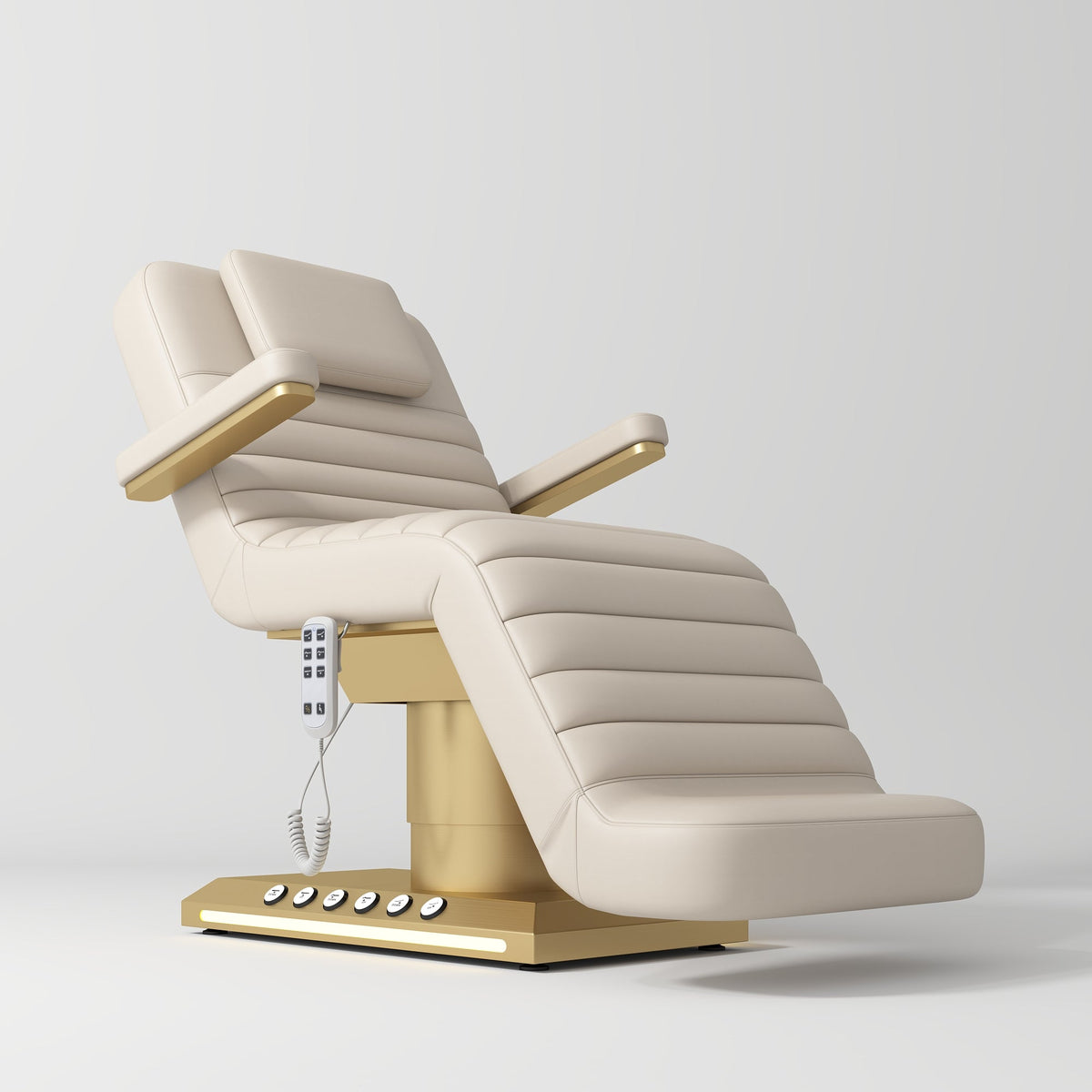 Modern electric beauty bed with ribbed upholstery and premium gold finish