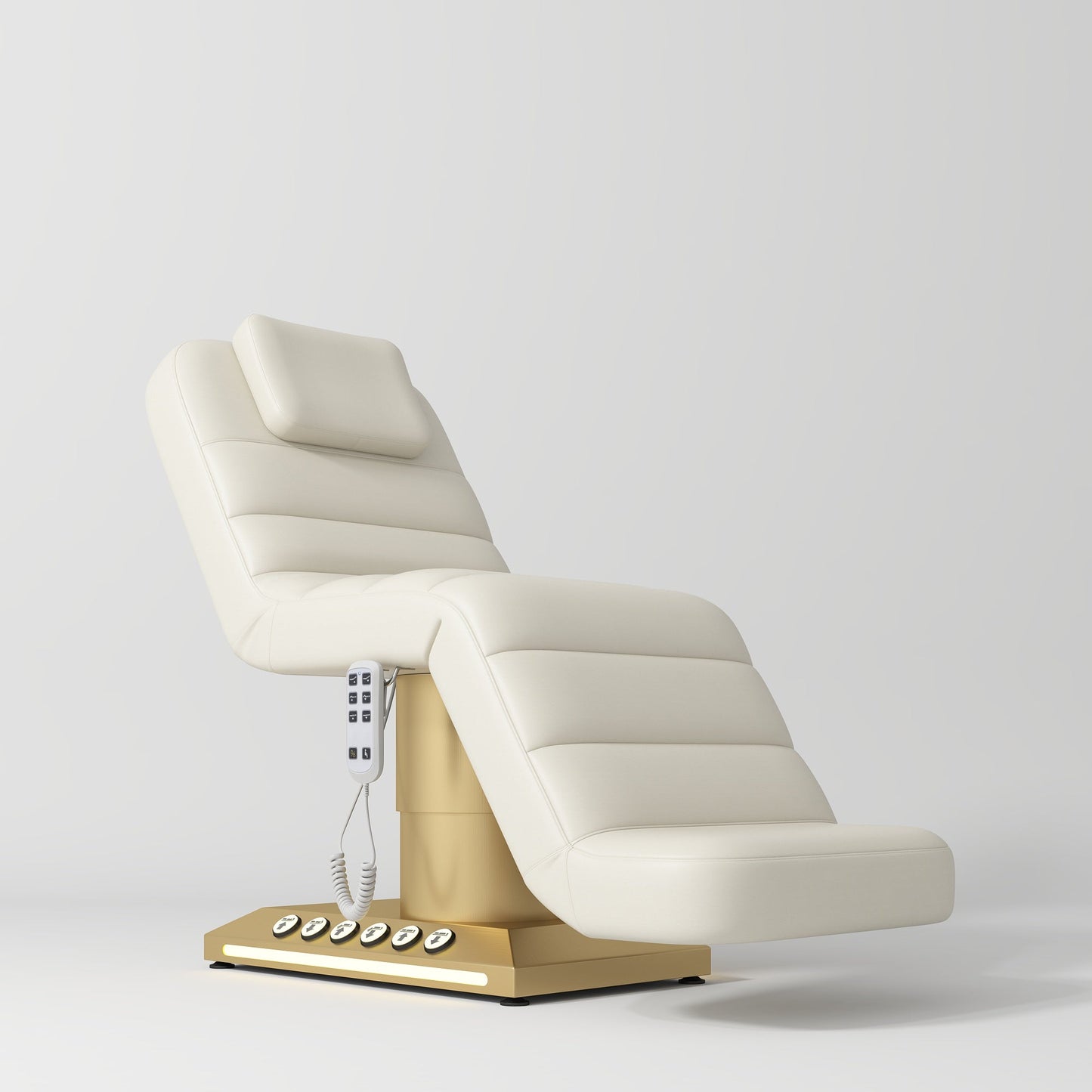 Massage chair with beige cushioned seat and gold base on a white background
