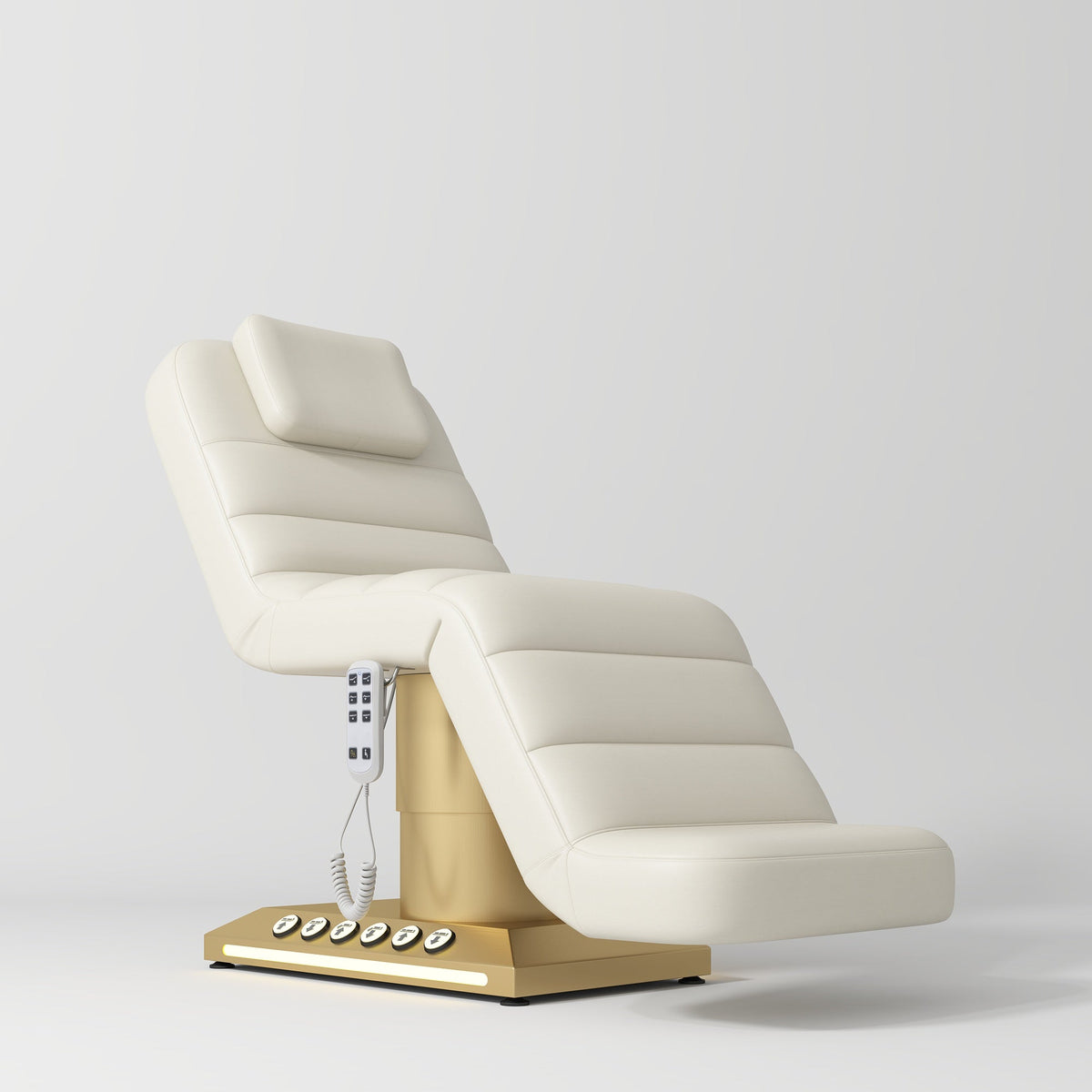 Massage chair with beige cushioned seat and gold base on a white background