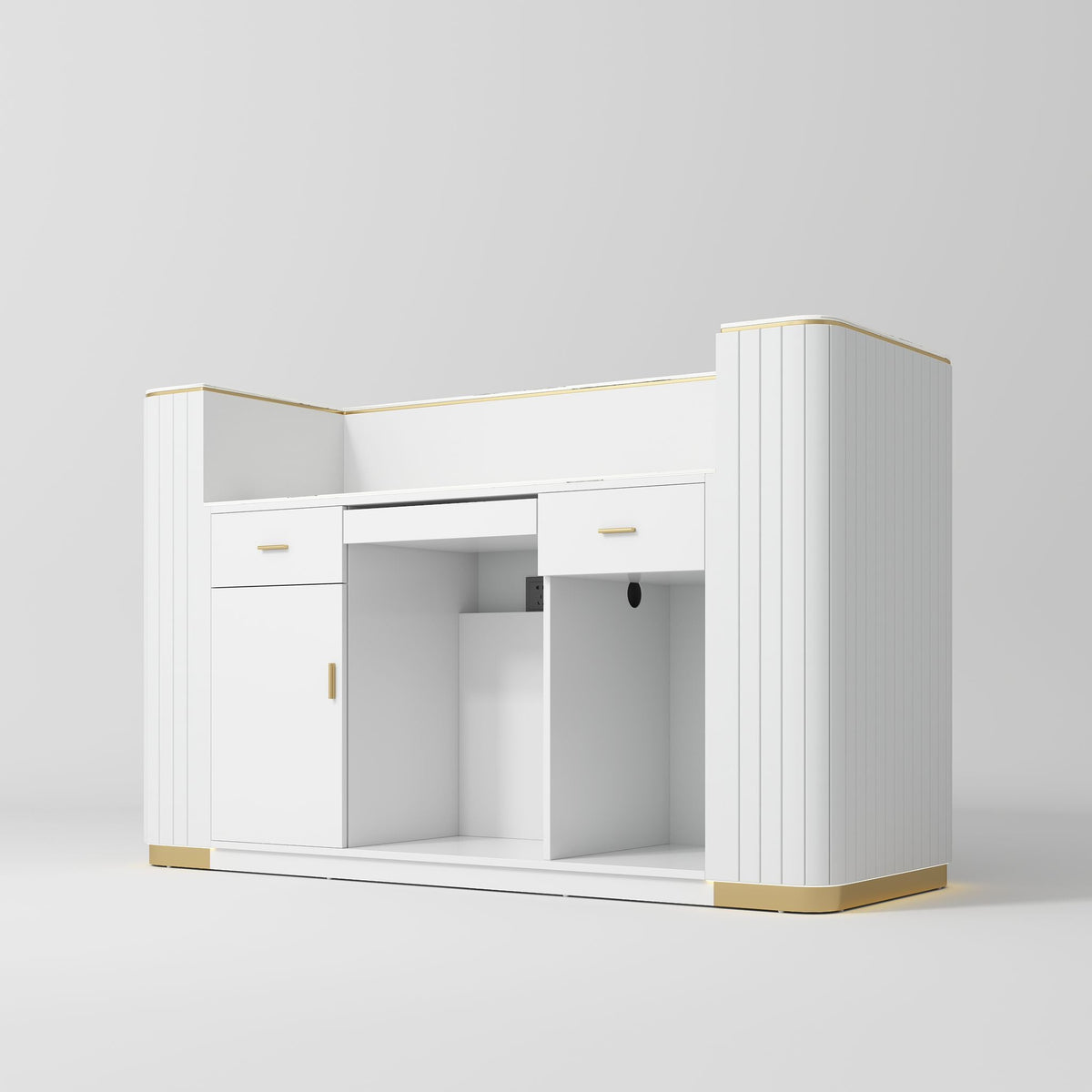 White vanity with gold accents on a light gray background