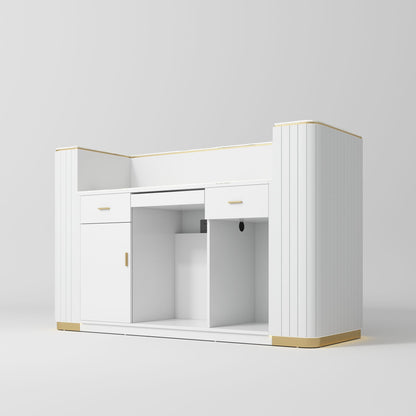 White vanity with gold accents on a light gray background
