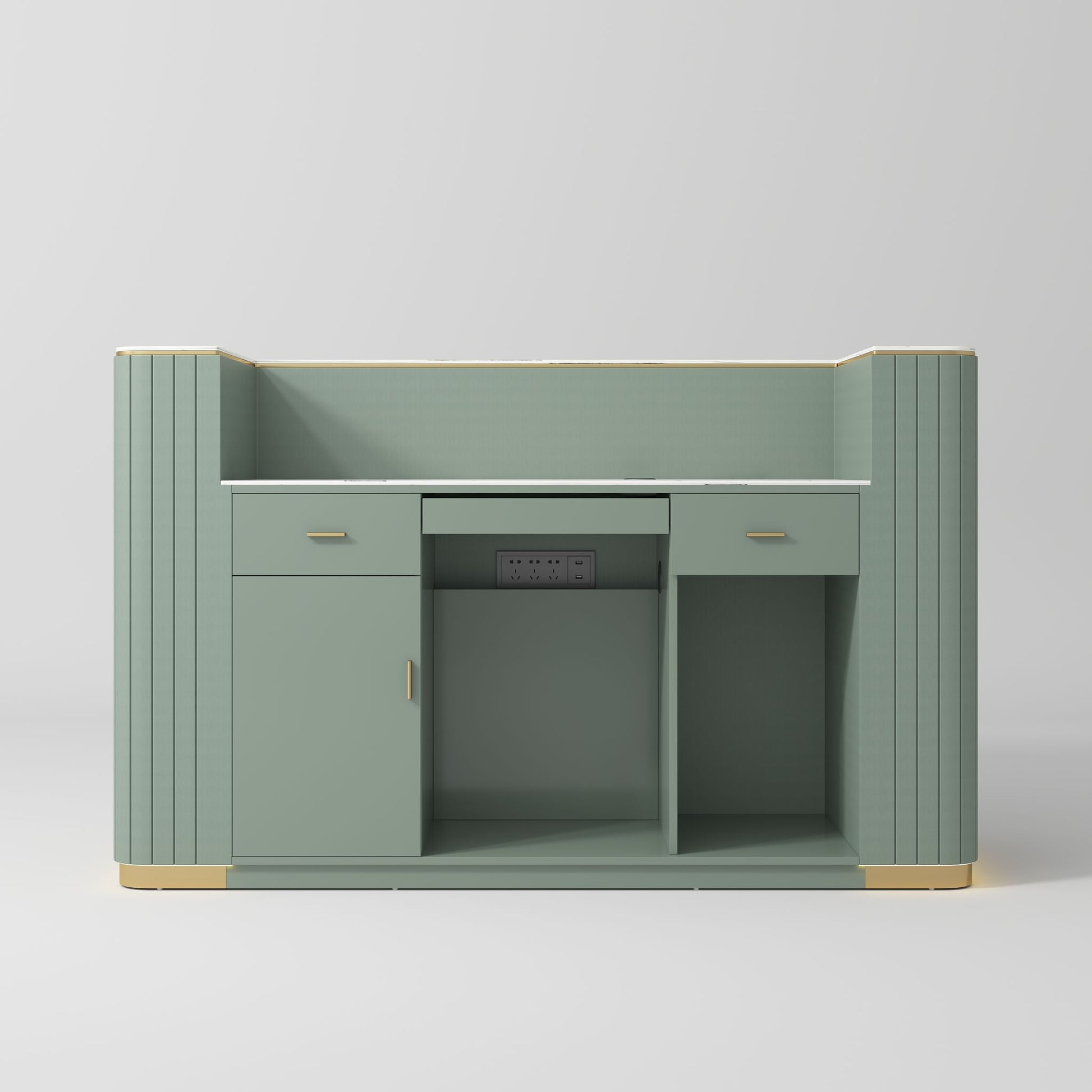 Green cabinet with gold accents on a gray background