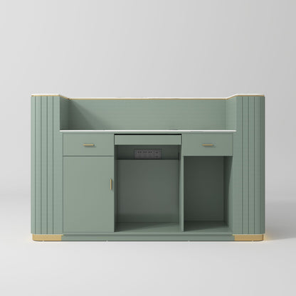 Green cabinet with gold accents on a gray background