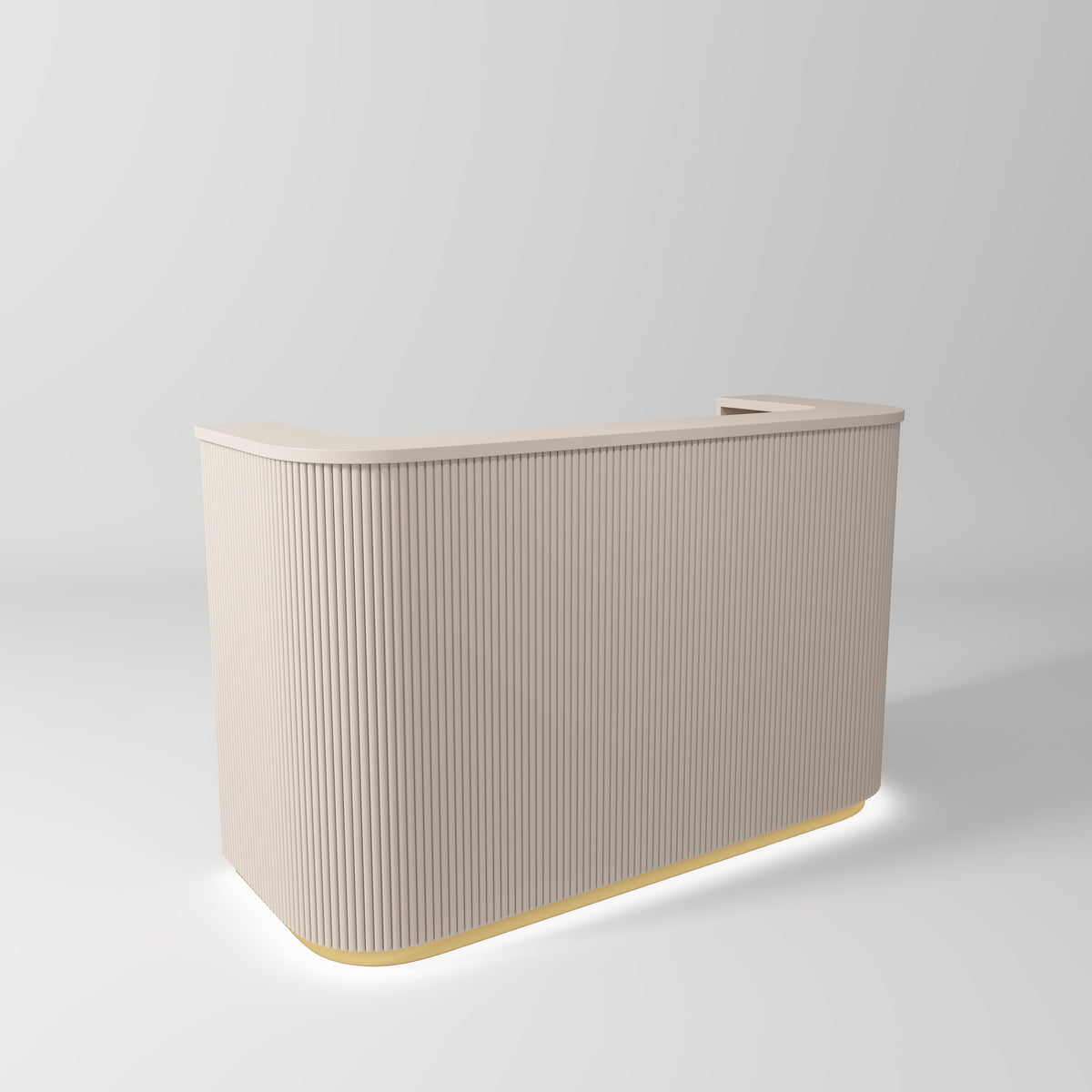 premium cream salon reception desk with gold accents and LED lighting in modern salon interior