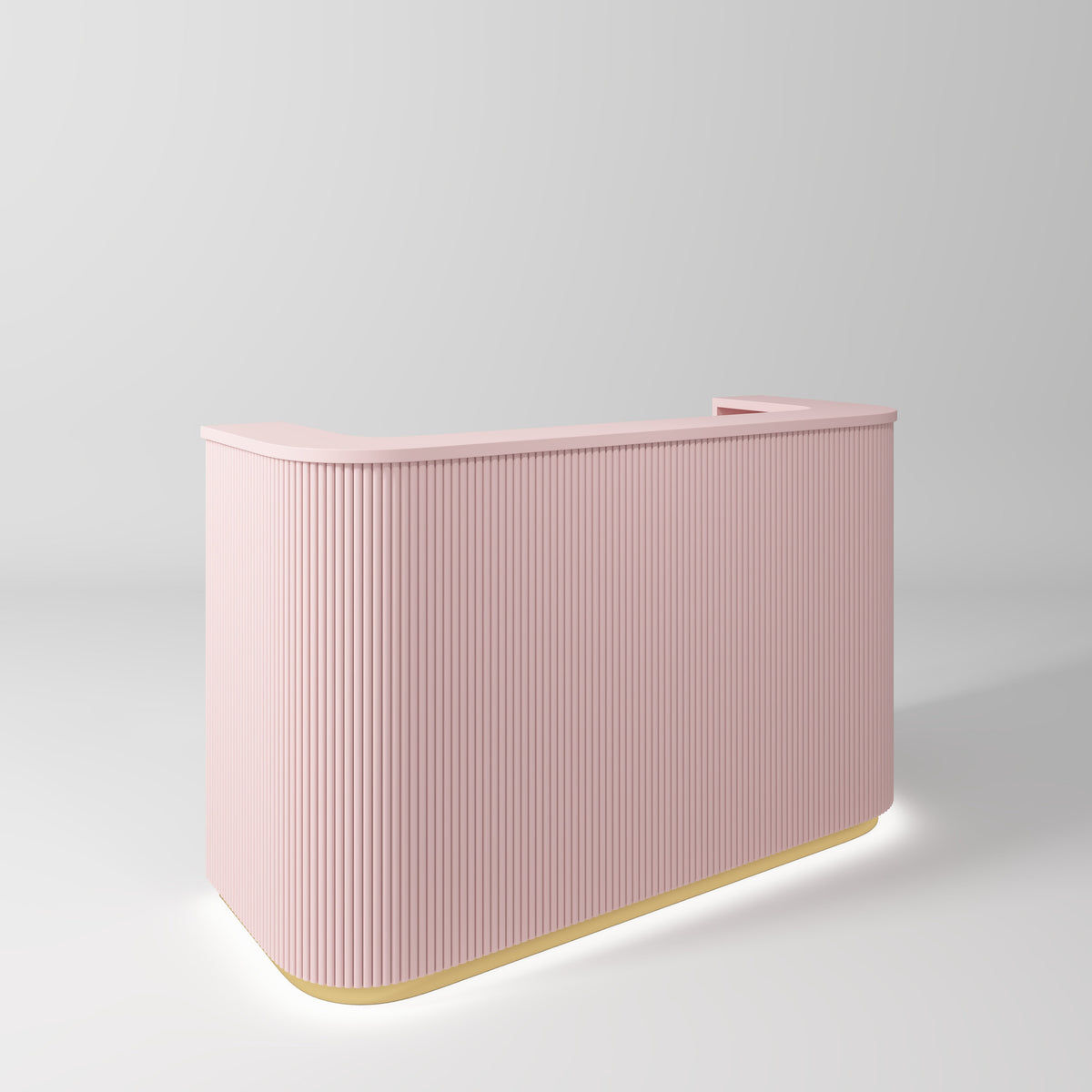 premium pink salon reception desk with gold accents and LED lighting in modern salon interior