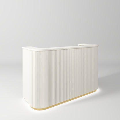 premium white salon reception desk with gold accents and LED lighting in modern salon interior